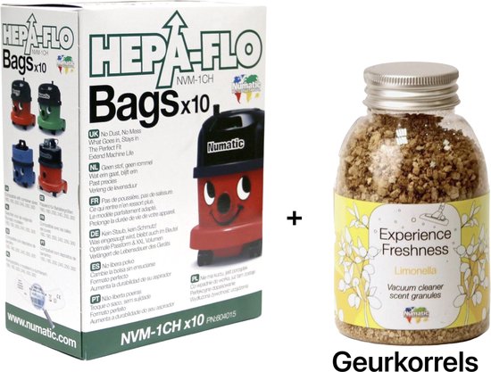 Numatic – Stofzuigerzakken + Geurkorrels (limonella geur) – Hepa flo bags – Voor Henry/Hetty – NVM 1CH X10 – COMBIDEAL