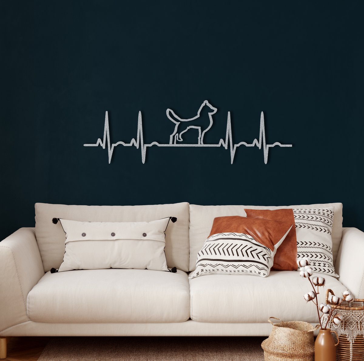 Wanddecoratie | Ekg Hond / Ekg Dog| Metal - Wall Art | Muurdecoratie | Woonkamer |Zilver| 75x26cm