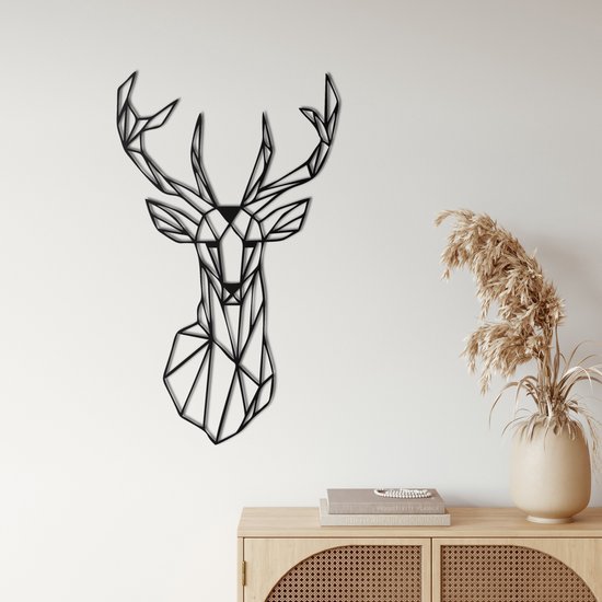 Wanddecoratie | Geometrische Hertenkop / Geometric Deer Head| Metal - Wall Art | Muurdecoratie | Woonkamer |Zwart| 46x76cm