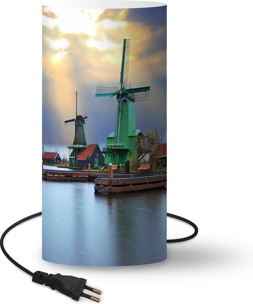 Lamp - Nachtlampje - Tafellamp slaapkamer - Windmolens in Amsterdam op de vroege morgen - 33 cm hoog - Ø15.9 cm - Inclusief LED lamp