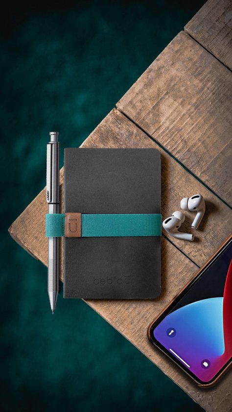 Carnet de poche Beblau | Set de 3 cahiers avec élastique et porte-stylo | Portable | École, Maison, Collège | Accessoires de vêtements pour bébé de bureau à domicile | Super cadeau | Couleur : Zwart avec élastique bleu clair
