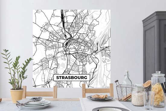 Stickers muraux - Plan de ville - Strasbourg - France - Plan - Plan d'étage - Zwart et blanc - 120x120 cm - Feuille adhésive XXL