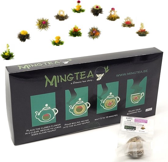 Ming Tea geschenkdoos met 12 theebloemen. De doos bevat instructies om de bloem in heet water te laten bloeien.