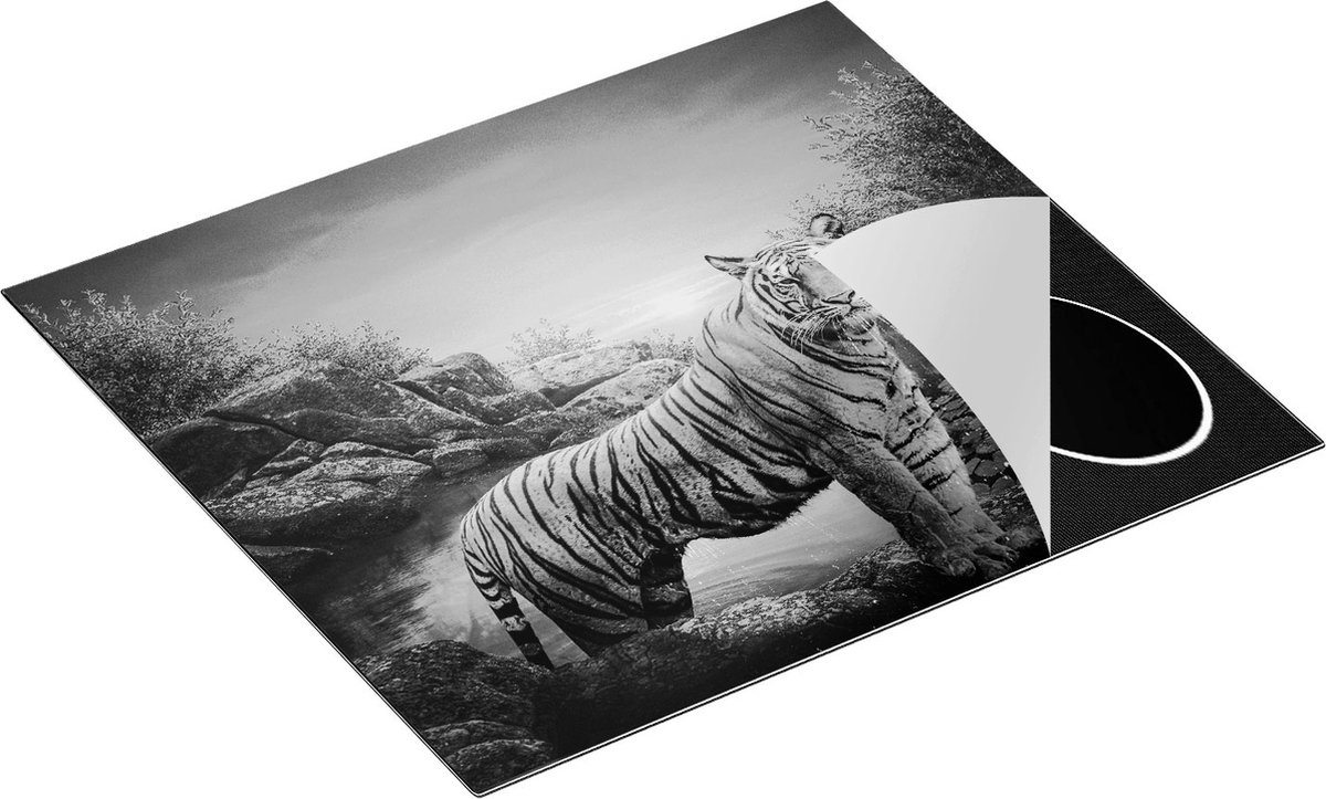 Chefcare Inductie Beschermer Luipaard in een Vijver bij Zonsondergang - Zwart Wit - 58,3x51,3 cm - Afdekplaat Inductie - Kookplaat Beschermer - Inductie Mat