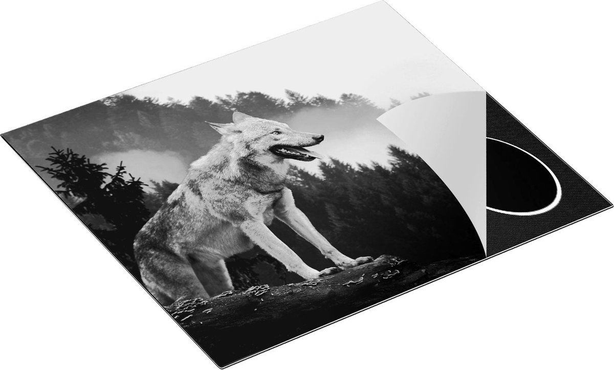 Chefcare Inductie Beschermer Grijze Wolf in de Bossen - Zwart Wit - 60x55 cm - Afdekplaat Inductie - Kookplaat Beschermer - Inductie Mat