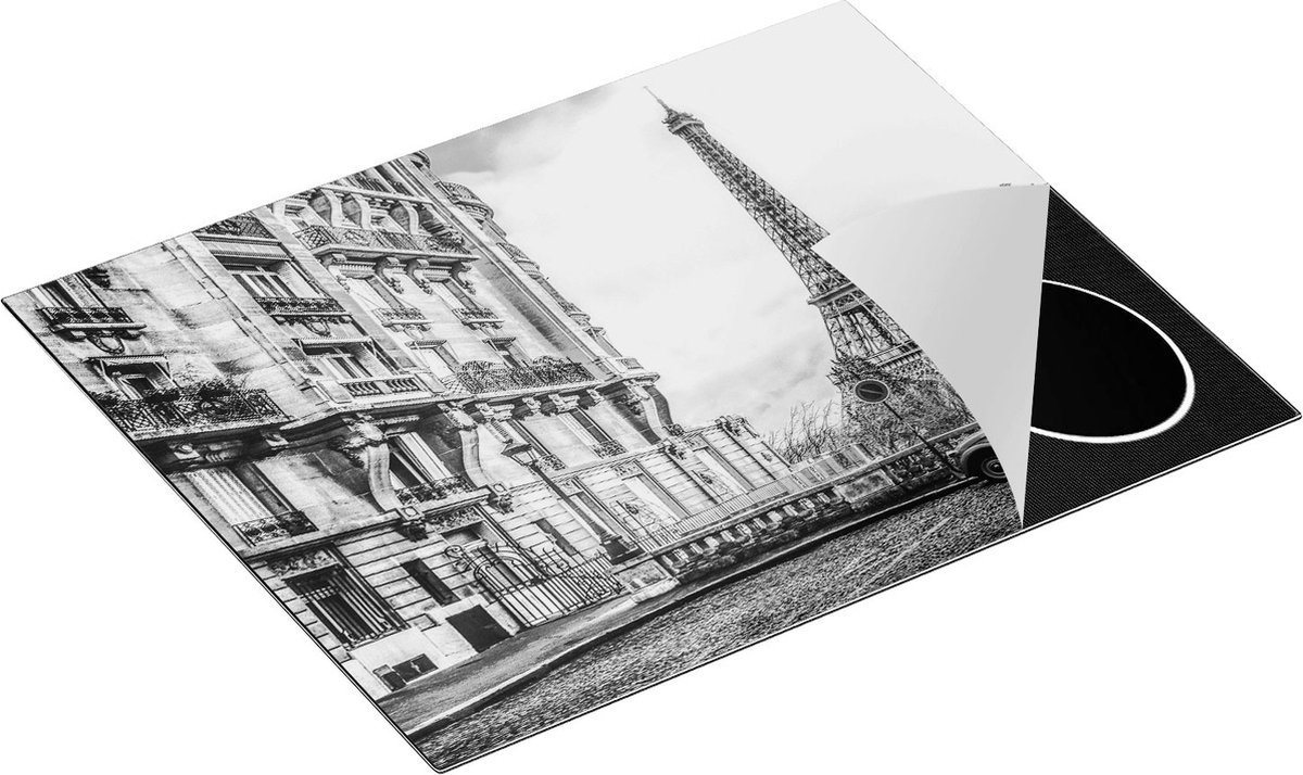 Chefcare Inductie Beschermer Eiffeltoren in Parijs met een Rode Kever Auto - Zwart Wit - 65x50 cm - Afdekplaat Inductie - Kookplaat Beschermer - Inductie Mat