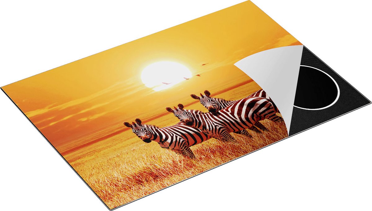 Chefcare Inductie Beschermer Drie Zebra's bij Zonsondergang - 77x51 cm - Afdekplaat Inductie - Kookplaat Beschermer - Inductie Mat