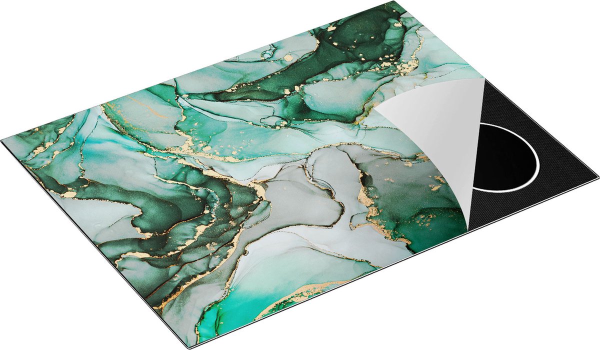Chefcare Inductie Beschermer Abstracte Kunst - Blauwe Marmer met Goud - 70x55 cm - Afdekplaat Inductie - Kookplaat Beschermer - Inductie Mat