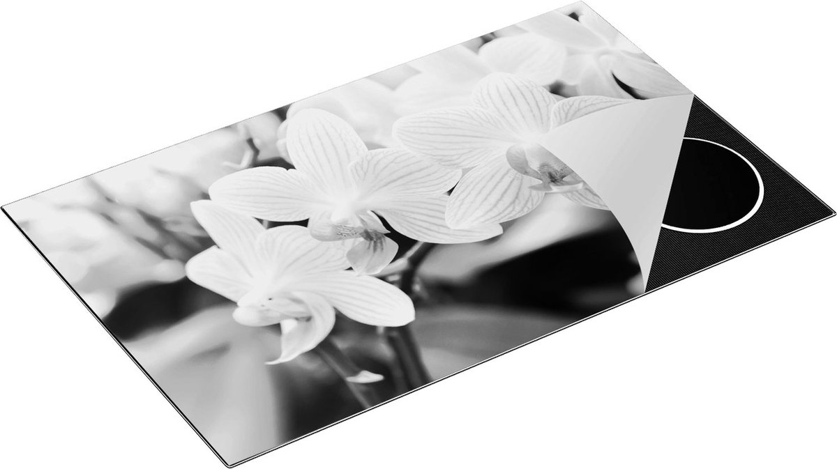 Chefcare Inductie Beschermer Gestreepte Witte Orchidee Bloemen - Zwart Wit - 85x52 cm - Afdekplaat Inductie - Kookplaat Beschermer - Inductie Mat