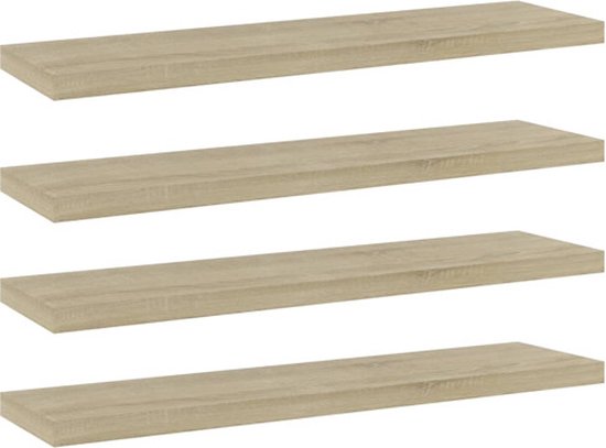 Quatre étagères étroites et longues avec motif de grain de chêne sur fond blanc.