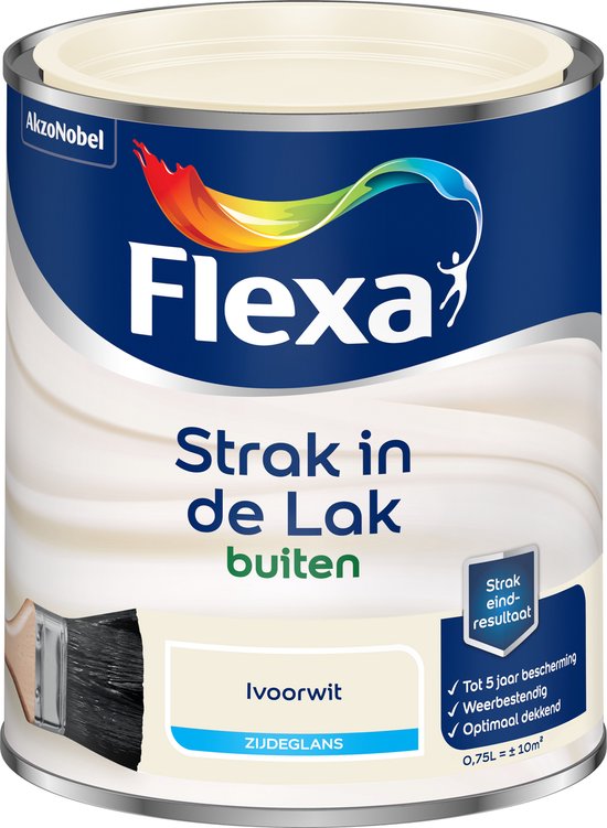 Flexa Strak in de Lak buitenlak, zijdeglans, ivoorwit. Beschermt tot 5 jaar, weerbestendig en dekkend.
