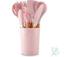 ZijTak - Keukenset -Keukengerei set - Roze - 12 stuks - Soeplepel - Ronde Schuimspaan - Tang - Wokspaan - Spatel - Spaghettilepel - Opscheplepel - Insmeerborstel - Garde - Pannenlikker - Hout - Silicone