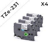 4 Stuks Brother compatible TZe-231 - zwart op wit - 12mm breed - Gelamineerd - P-Touch