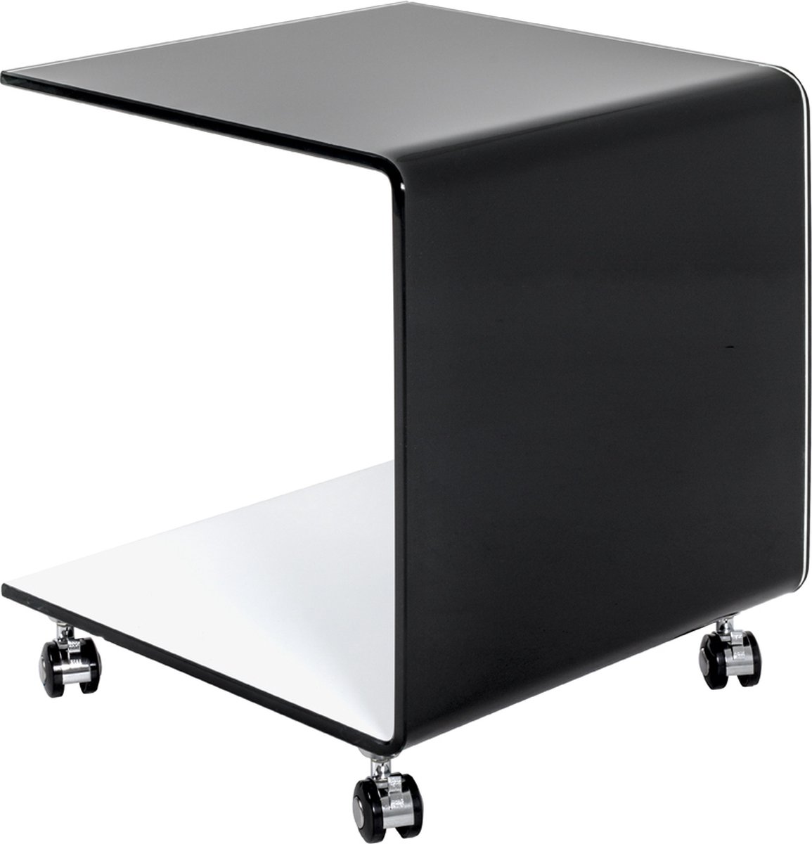 Bijzettafel – Wit en zwart veiligheidsglas – Op 4 wieltjes – 42 cm breed, 42 cm diep, 49 cm hoog