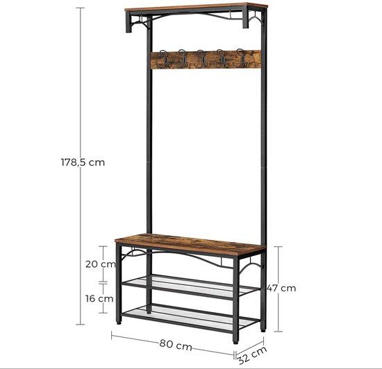 Garderoberek met 5 haken, een bankje en twee schoenenrekken. Bruin met zwart metaal.