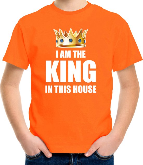 Koningsdag t-shirt Im the king in this house oranje jongens / kinderen - Woningsdag - thuisblijvers / Kingsday thuis vieren 110/116