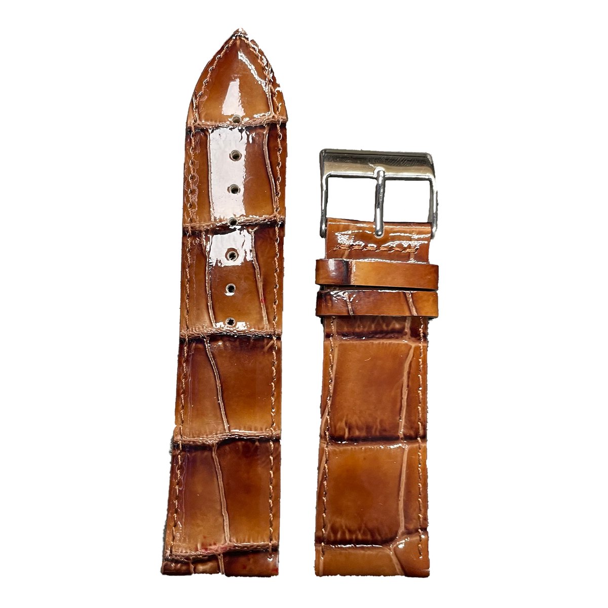Horlogeband - 24mm - Glans Cognac - Echt leer in croco print - Roestvrijstalen gesp