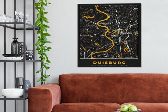Peinture sur toile Duisburg - Allemagne - Plan de ville - Carte - Plan d'étage - Or - 90x90 cm - Décoration murale