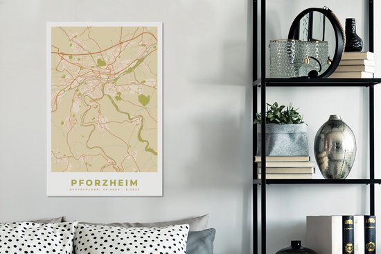 Peinture sur toile Pforzheim - Plan d'étage - Vintage - Plan de la ville - Carte - 60x90 cm - Décoration murale