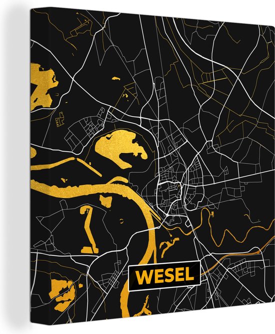 Canvas Schilderij Black and Gold – Stadskaart – Wesel – Duitsland – Plattegrond – Kaart - 50x50 cm - Wanddecoratie