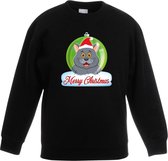 Kersttrui Merry Christmas grijze kat / poes kerstbal zwart jongens en meisjes - Kerstruien kind 98/104