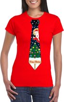 Rood kerst T-shirt voor dames - Kerstman en kerstboom stropdas print L