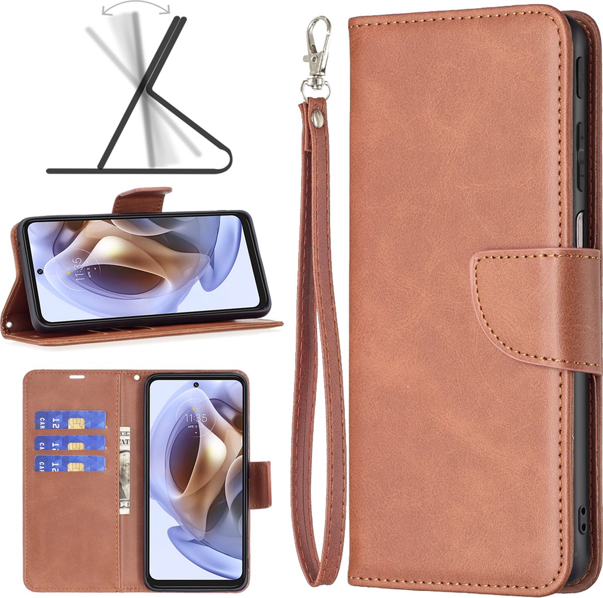 MobyDefend Hoesje - Geschikt voor Motorola Edge 30 Pro - Wallet Book Case Met Koord - Bruin