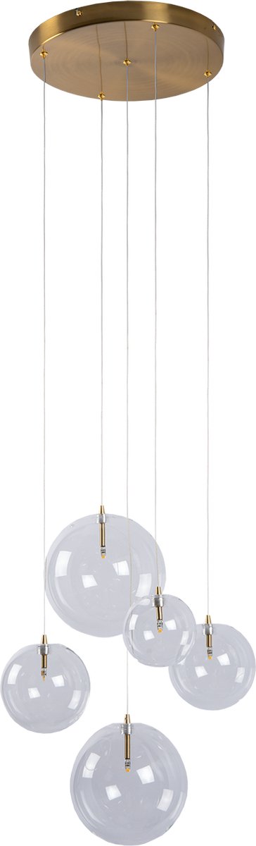 Atmooz - Hanglamp Camau 5 - G4 - Industrieel - Woonkamer / Slaapkamer / Eetkamer - Plafondlamp - Antiek Messing - Hoogte 140cm - Metaal en glas