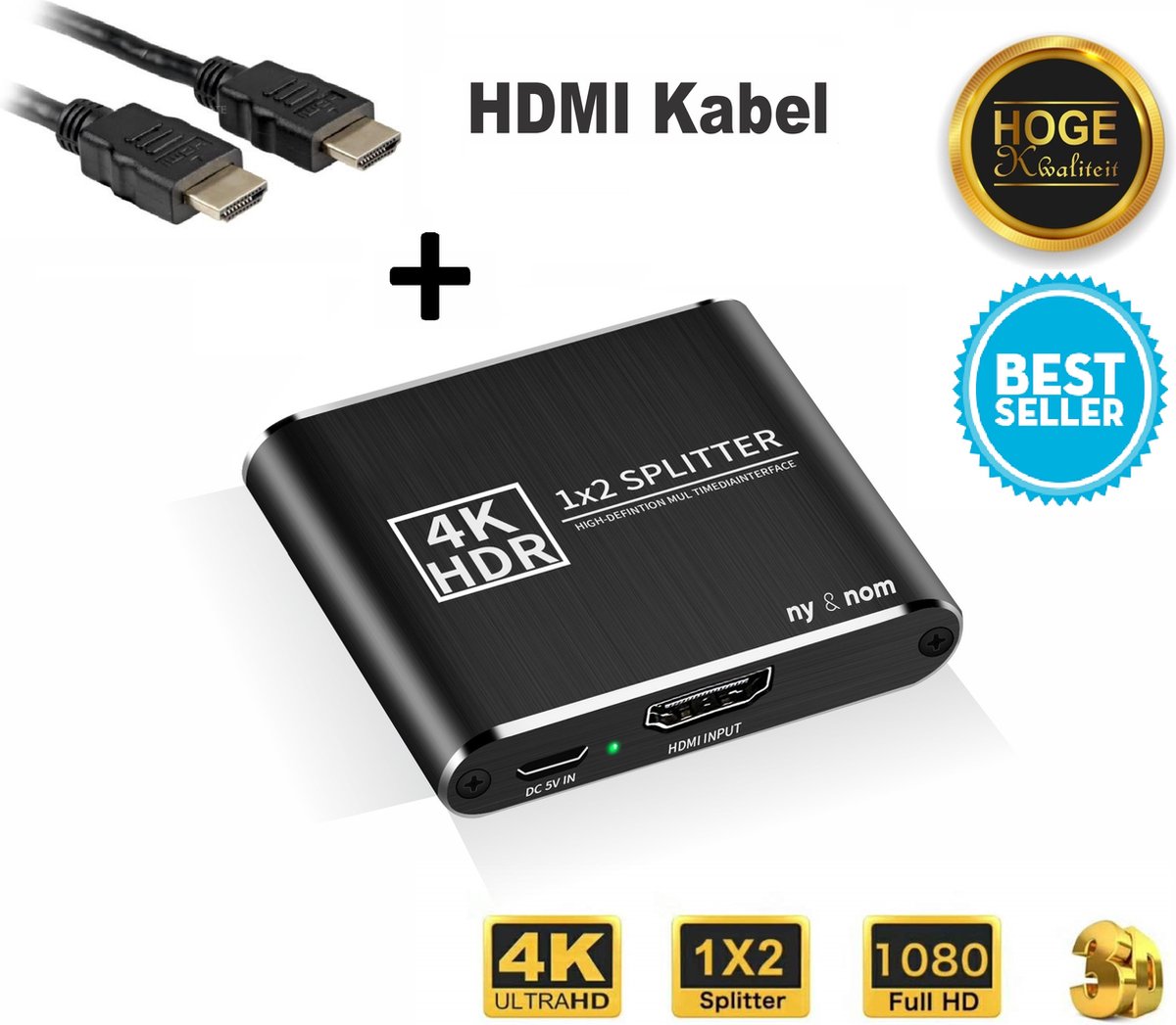 Professional HDMI-Splitter – 1x-in 2x-uit – Dupliceert – 2 poorts 4K Ondersteunt alle resoluties + 3D, Inclusief 1m HDMI Kabel! - ny & nom