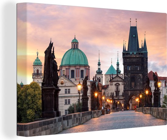Canvas Schilderij Praag - Zonsondergang - Tsjechië - 90x60 cm - Wanddecoratie