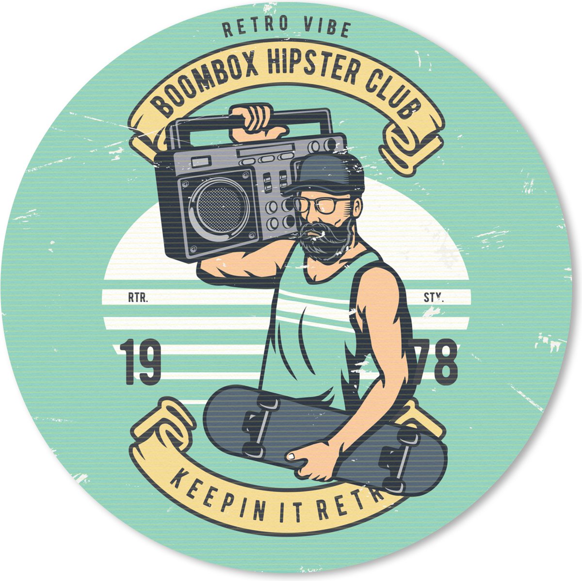 Muismat rond 40x40 cm - Mousepad Mancave - Radio - Skateboard - Vintage - Ronde muismatten