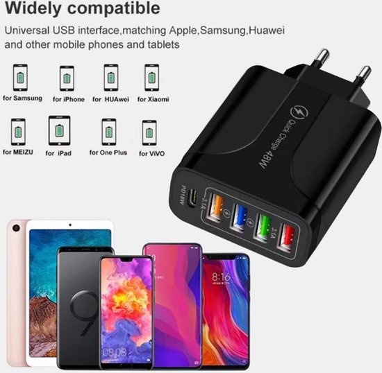 DrPhone HALOXIII – 48W 4 USB Poorten Snel Lader + USB-C PD 18W - QC 3.0 & 3.1A Thuislader- Oplader - Universeel – Zwart - DrPhone