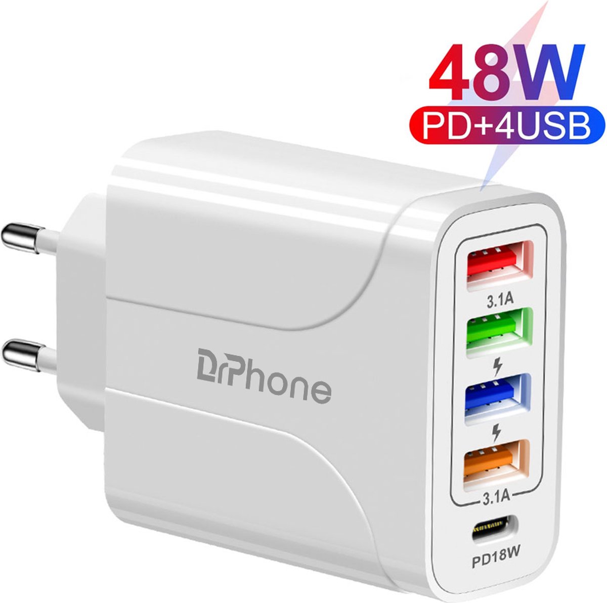 DrPhone HALOXIII – 48W 4 USB Poorten Snel Lader + USB-C PD 18W - QC 3.0 & 3.1A Thuislader- Oplader - Universeel – Wit - DrPhone