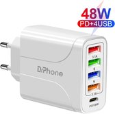 DrPhone HALOXIII – 48W 4 USB Poorten Snel Lader + USB-C PD 18W - QC 3.0 & 3.1A Thuislader- Oplader - Universeel – Wit
