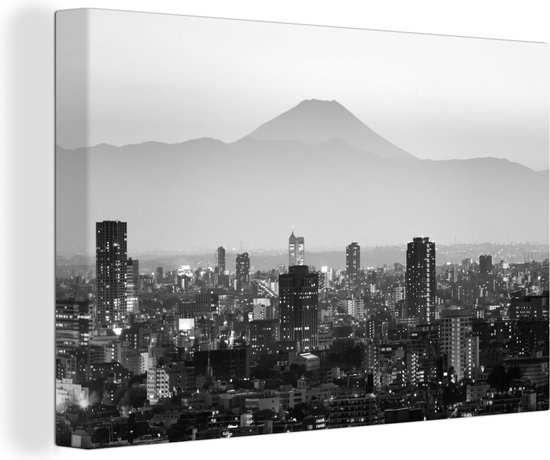 Canvas Schilderij Skyline van downtown Tokyo in Japan - zwart wit - 30x20 cm - Wanddecoratie