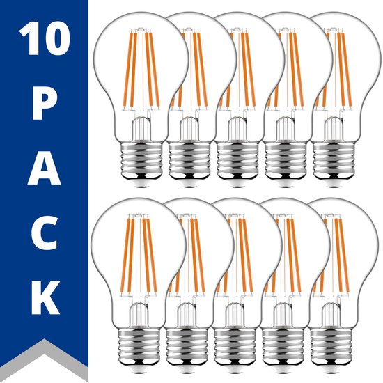 Lampes à Filament LED ProLong - Ø 6 cm - Wit Chaud - 7W E27 - A60 Clair - Pack de 10