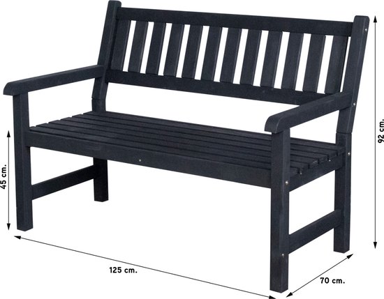 Zwarte houten 2-zits tuinbank met afmetingen: 125 cm breed, 70 cm diep, 92 cm hoog, zithoogte 45 cm.