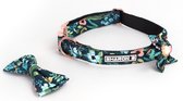 Luxe halsband met strik - Hond - Set van 4 - Zwarte bloem - Maat XL - Inclusief bloem en riem