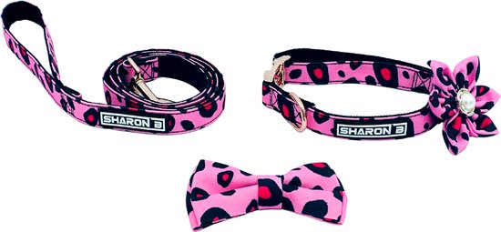 Luxe halsband hond - Set van 4 - Luipaard roze - Maat M - Inclusief strik, bloem en riem