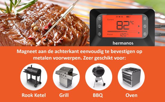 Hermanos® Vleesthermometer - Digitale BBQ Thermometer Draadloos - Oventhermometer - Bluetooth met app - 2 Meetsondes - Magneet - Incl. Batterijen - 1x Grillhouder - Hermanos