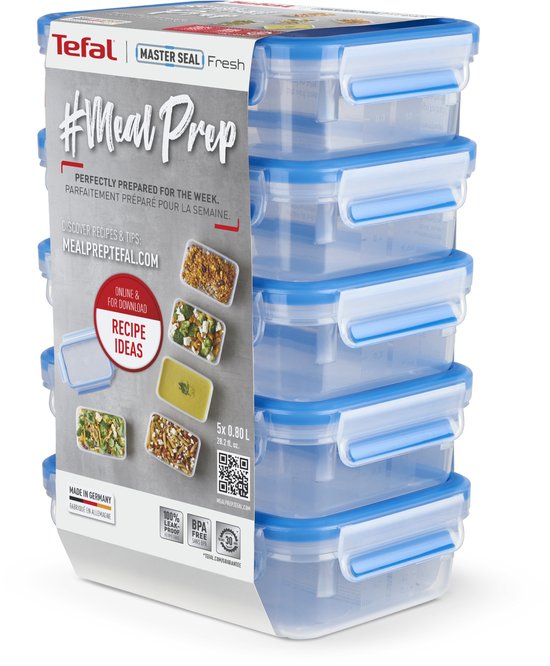 Tefal MasterSeal Fresh N1030710 Mealprep Vershouddozenset - 5x 0,8L - 100% Lekvrij - Vershoudbakjes - Magnetronbestendig