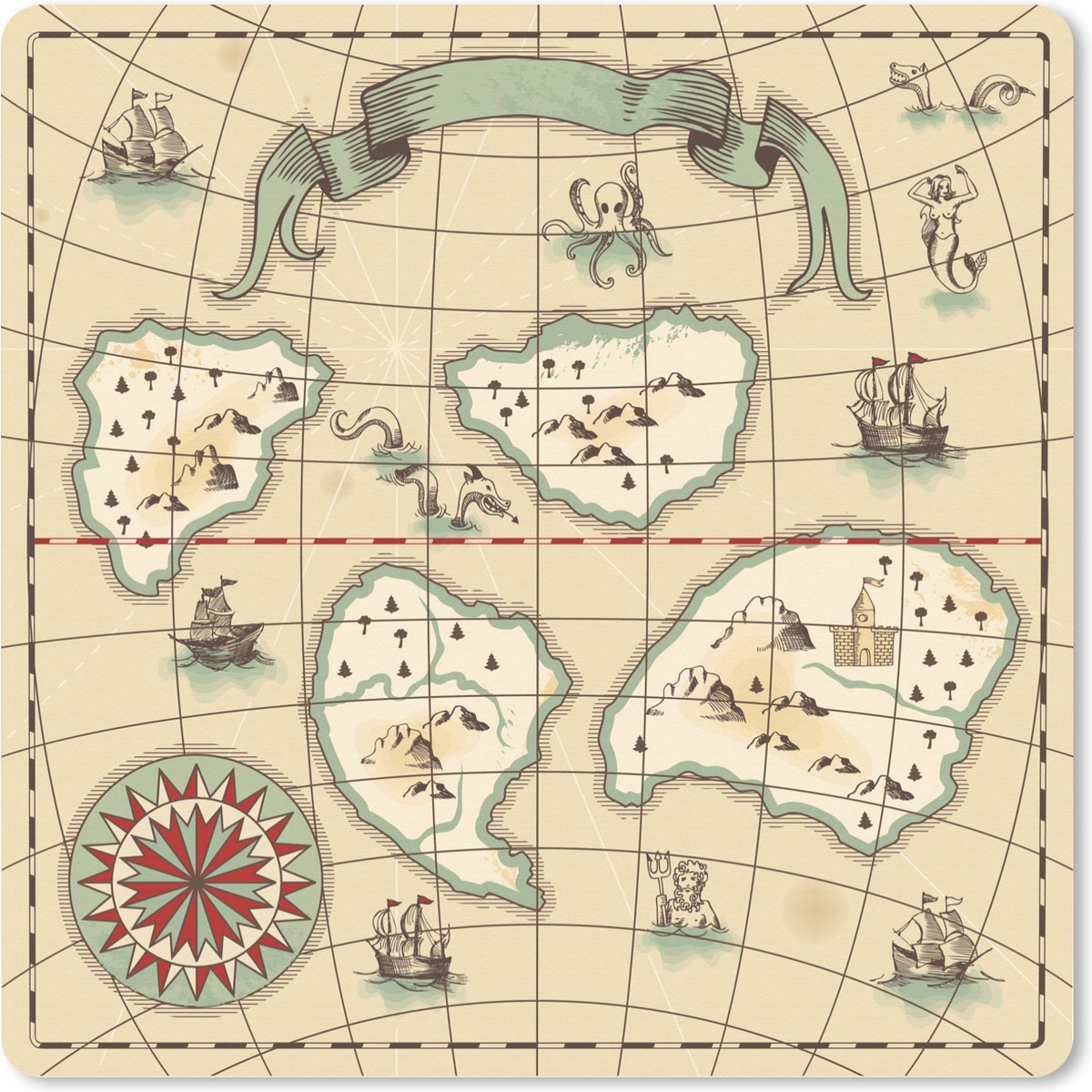 Muismat XXL 50x50 cm - Bureau onderlegger - Bureau mat Kinderillustratie van een schatkaart met fantasie zeewezens - Bureaumat - Gaming mousepad xl - Bureaulegger groot - Computer deskmat