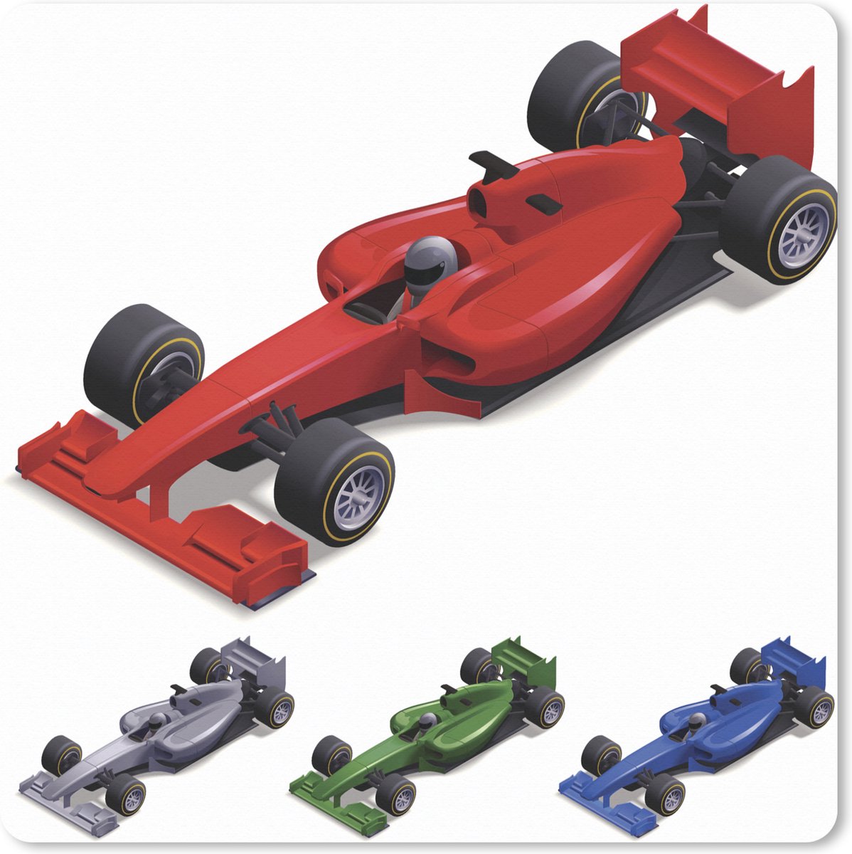 Muismat XXL 80x80 cm - Bureau onderlegger - Bureau mat Verschillend gekleurde racewagens uit de Formule 1 in een illustratie - Bureaumat - Gaming mousepad xl - Bureaulegger groot - Computer deskmat