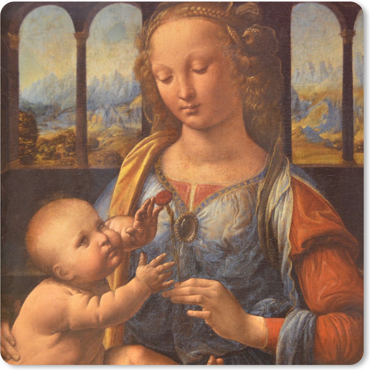 Muismat XXL 80x80 cm - Bureau onderlegger - Bureau mat Madonna met de anjer - Leonardo da Vinci - Bureaumat - Gaming mousepad xl - Bureaulegger groot - Computer deskmat