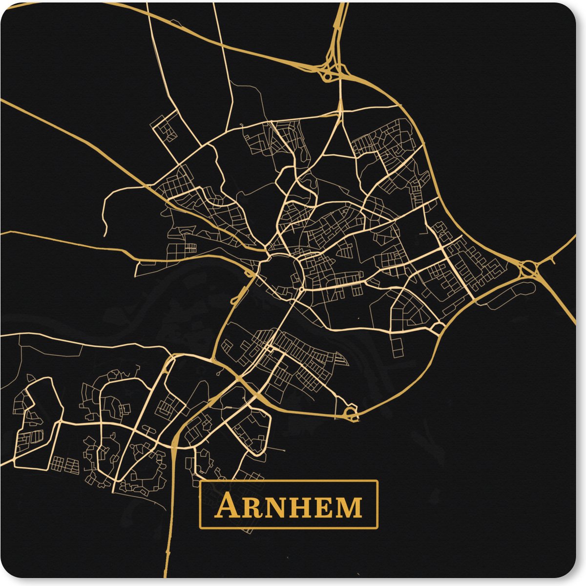 Muismat XXL 50x50 cm - Bureau onderlegger - Bureau mat Kaart - Arnhem - Goud - Zwart - Bureaumat - Gaming mousepad xl - Bureaulegger groot - Computer deskmat