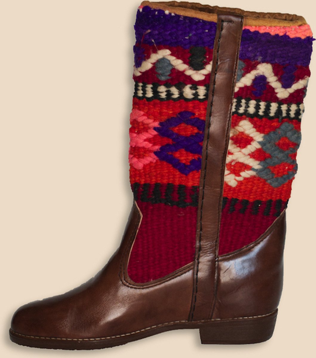 Kelim Boots | Kastanjebruin Leer | Vintage Kelim | Maat 42 | Aneta | Bravas Boutique