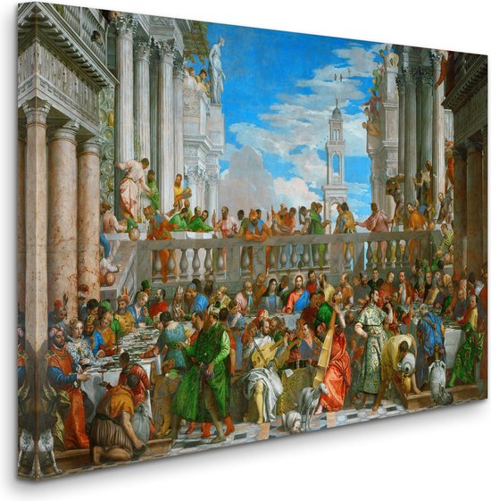 Les Noces de Cana par Paul Véronèse. Un grand banquet avec de nombreux invités, dans un cadre classique avec colonnes et balcon.
