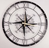 Kompas Metalen Wandklok, Woondecoratie Kunst, Zwarte Wandklok, Compass Design -  Metaal Wall Clock - 50 cm