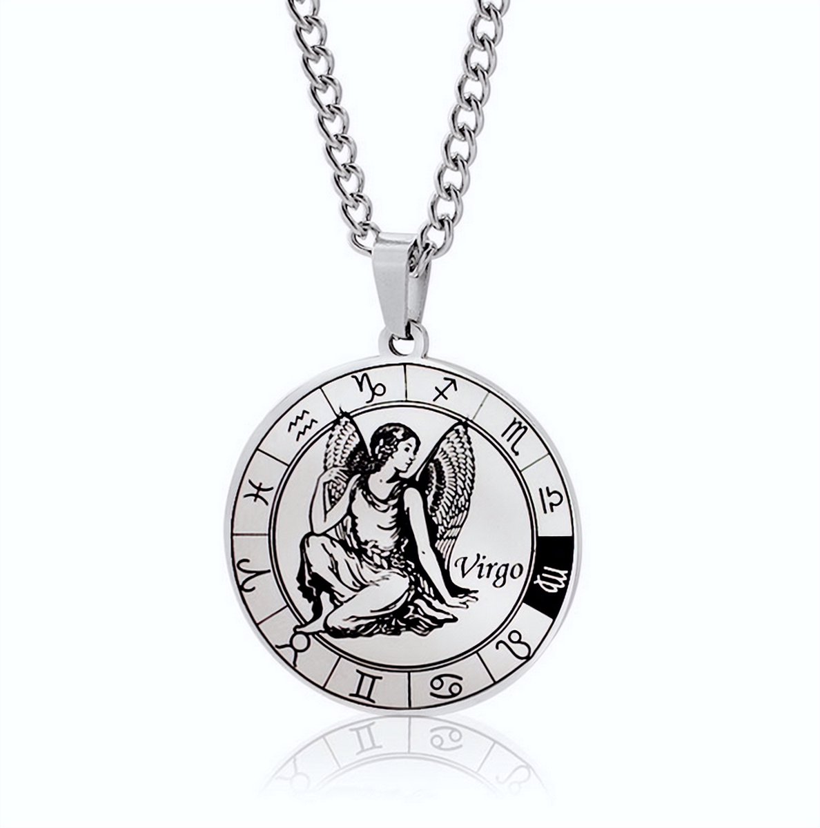 ICYBOY 18K Roestvrije Stalen Ketting Met Ronde Zodiac Sterrenbeeld Pendant [Maagd] [60 cm] Silver Plating Stainless Steel Round Horoscope Pendant Necklace
