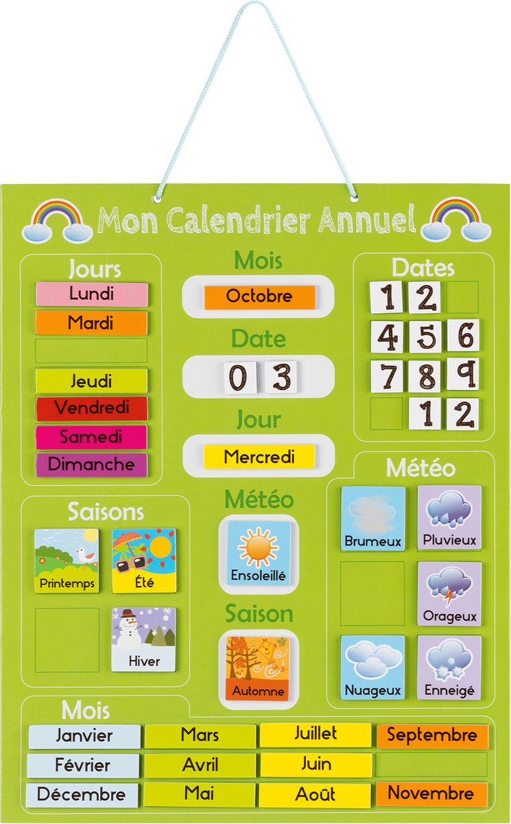 Mon calendrier IDEKO, jeu éducatif en bois pour apprendre en arabe l'heure,  les jours, les mois, les saisons, la météo